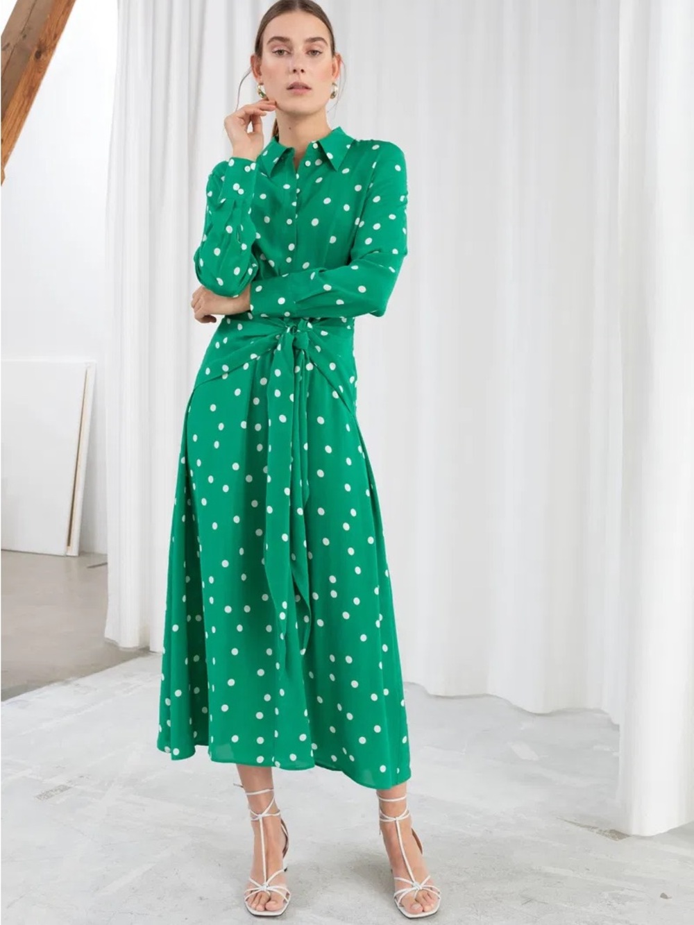& Other Stories Green Polka Dot Tie-Waist Midi Dress US2